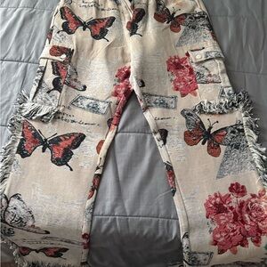 Beige Butterfly Print Cargo Pants - Casual Floral Graphic Men’s Pants